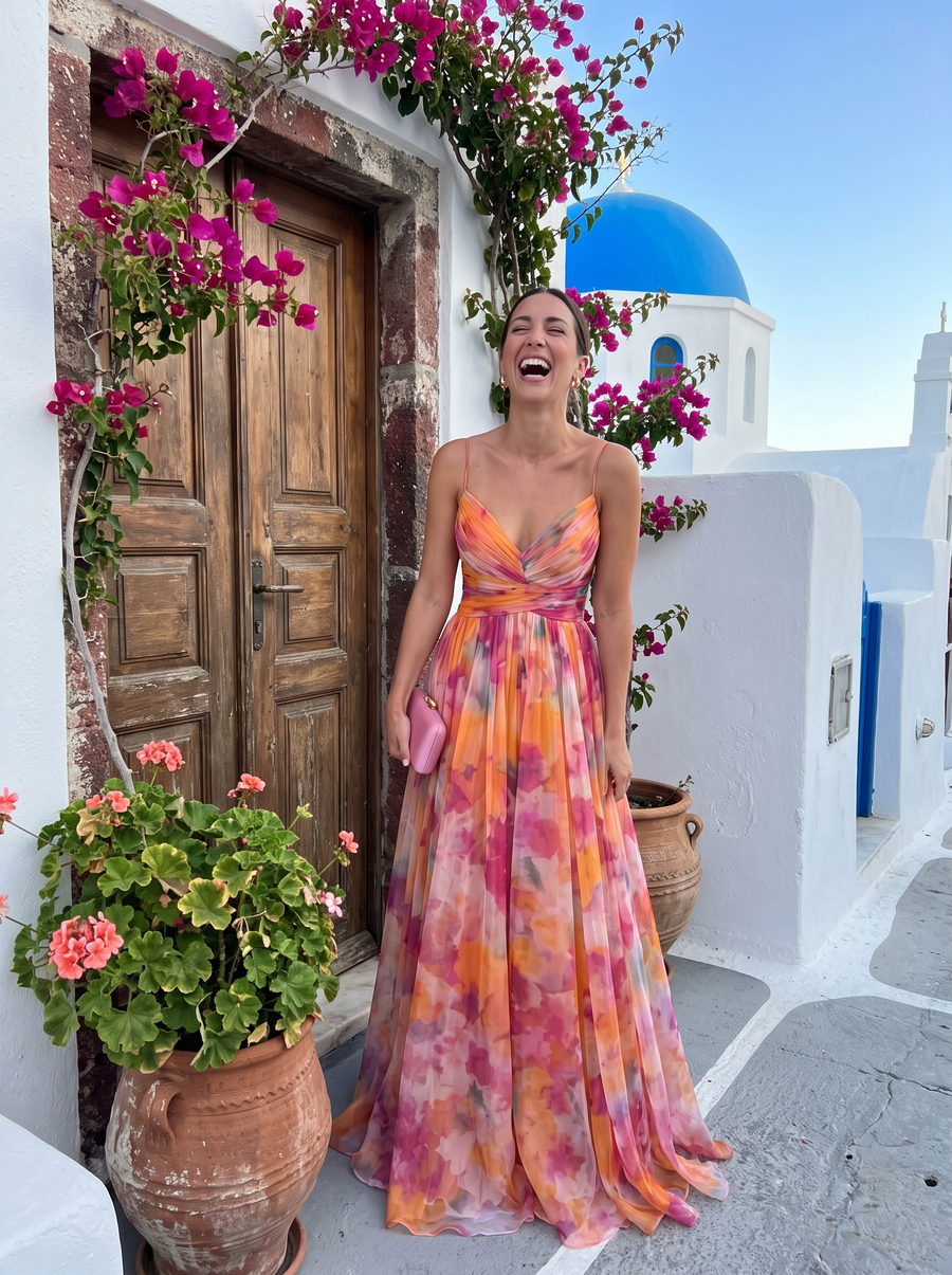 Vestido Maxi Floral Elegancia puesto en la calle