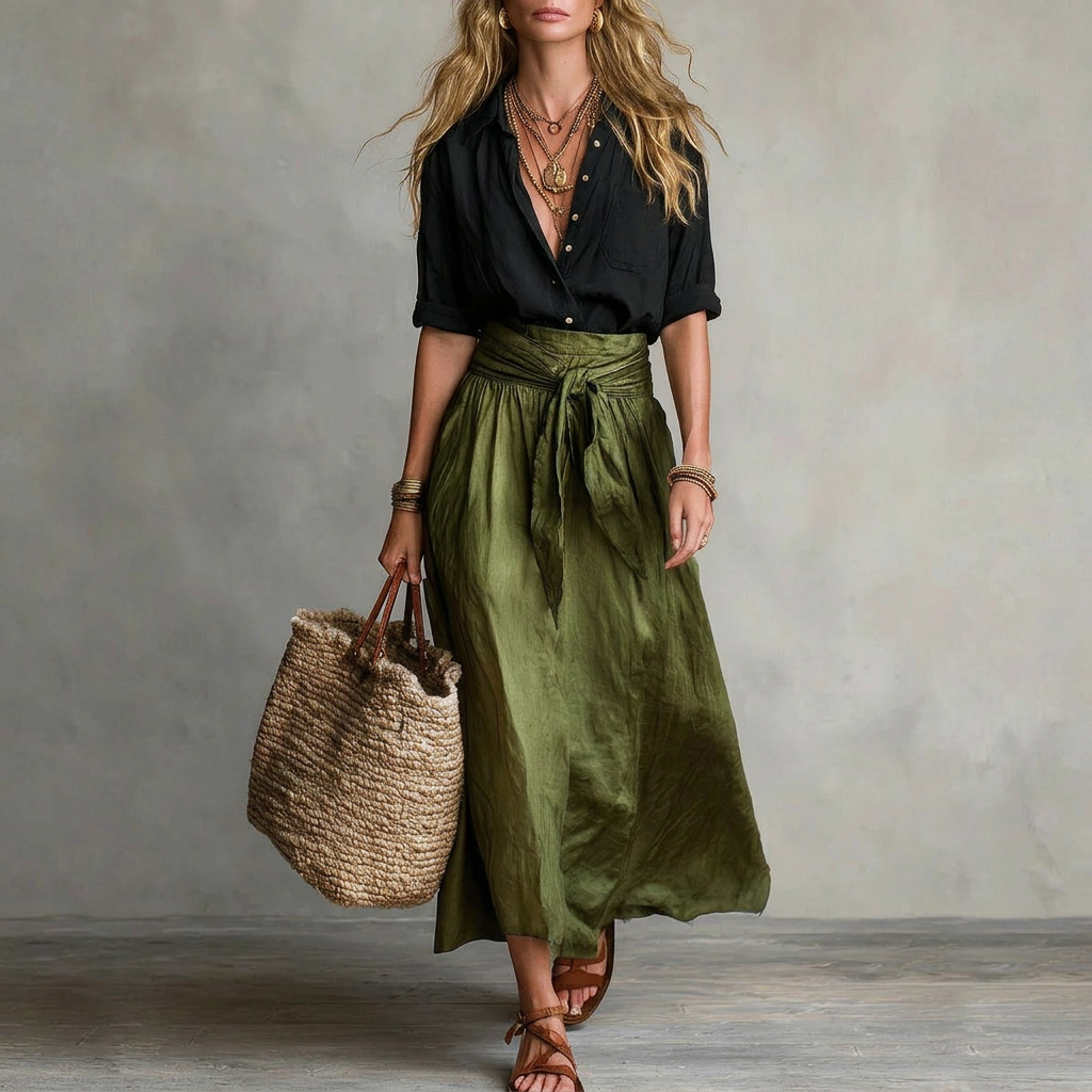 Cristina™ | Conjunto Mediterráneo: Top Negro y Falda Midi Verde Oliva