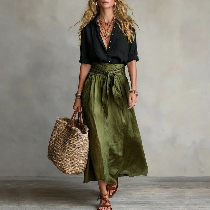 Cristina™ | Conjunto Mediterráneo: Top Negro y Falda Midi Verde Oliva