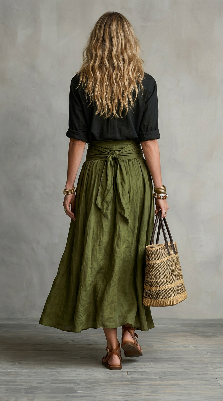Cristina™ | Conjunto Mediterráneo: Top Negro y Falda Midi Verde Oliva