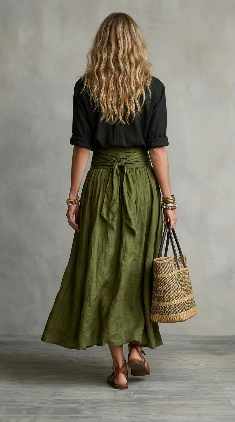 Cristina™ | Conjunto Mediterráneo: Top Negro y Falda Midi Verde Oliva