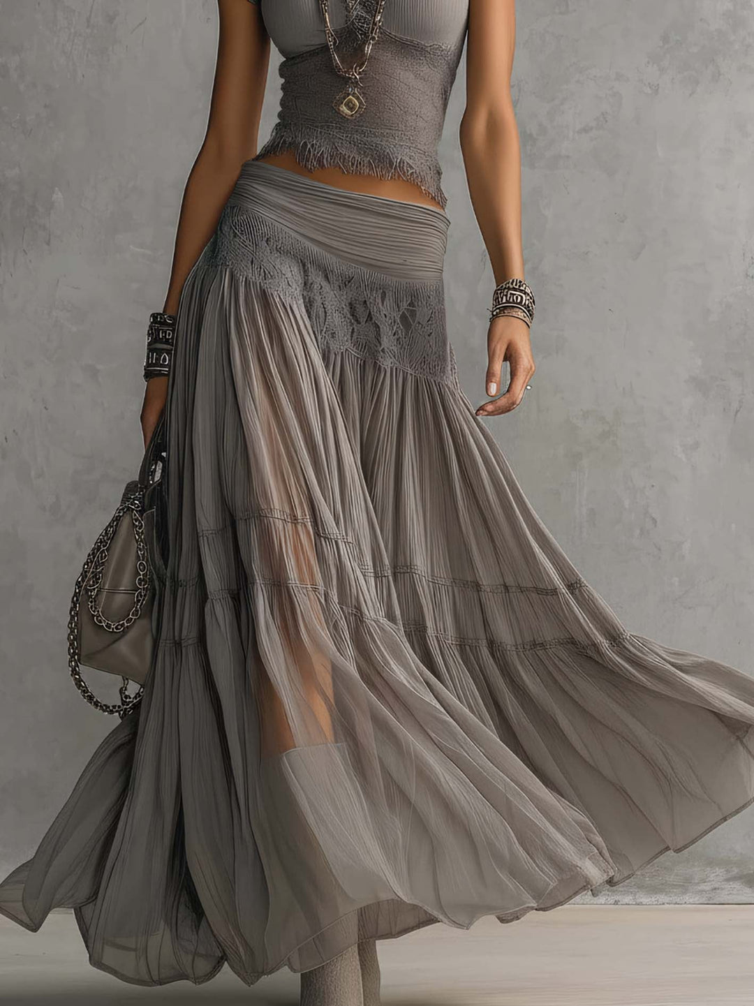Alba™ | Conjunto Gris: Top de Encaje y Falda Plisada Larga