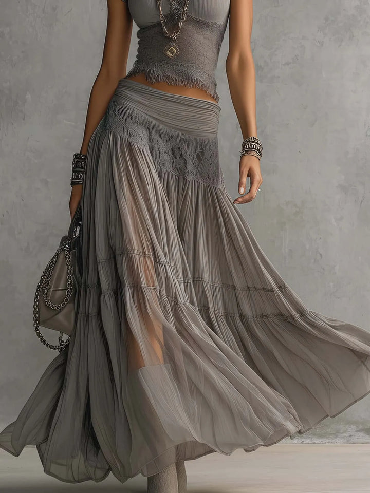 Alba™ | Conjunto Gris: Top de Encaje y Falda Plisada Larga