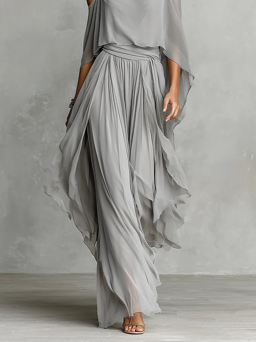 Isabella™ | Conjunto Gris Fluido: Top Hombros Descubiertos y Pantalón de Chifón