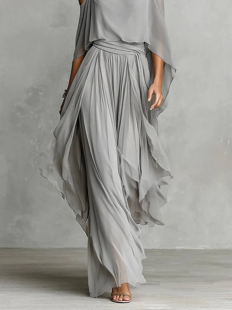 Isabella™ | Conjunto Gris Fluido: Top Hombros Descubiertos y Pantalón de Chifón