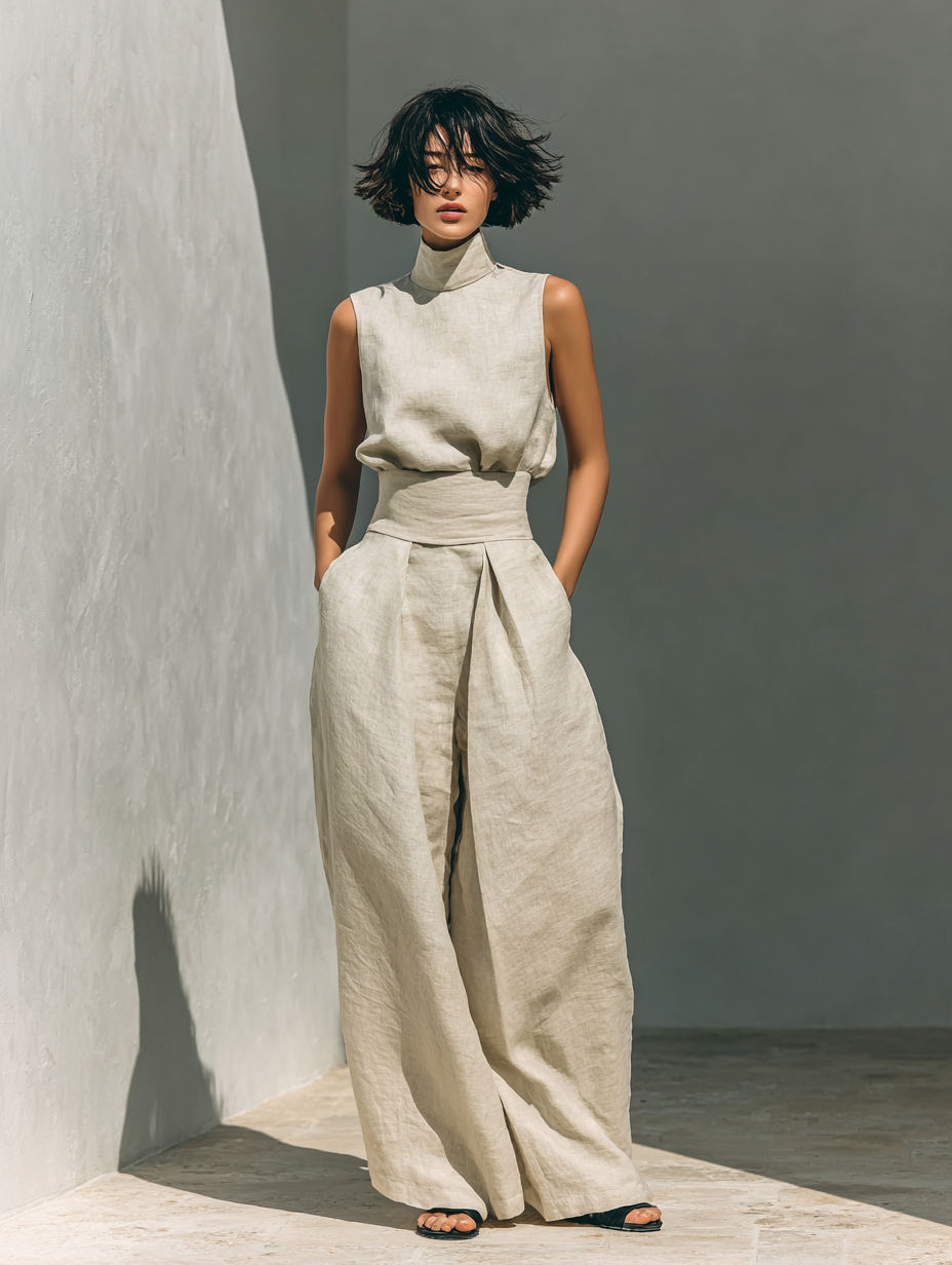 Marina™ | Conjunto Minimalista de Algodón y Lino: Top Cuello Alto y Pantalón Ancho