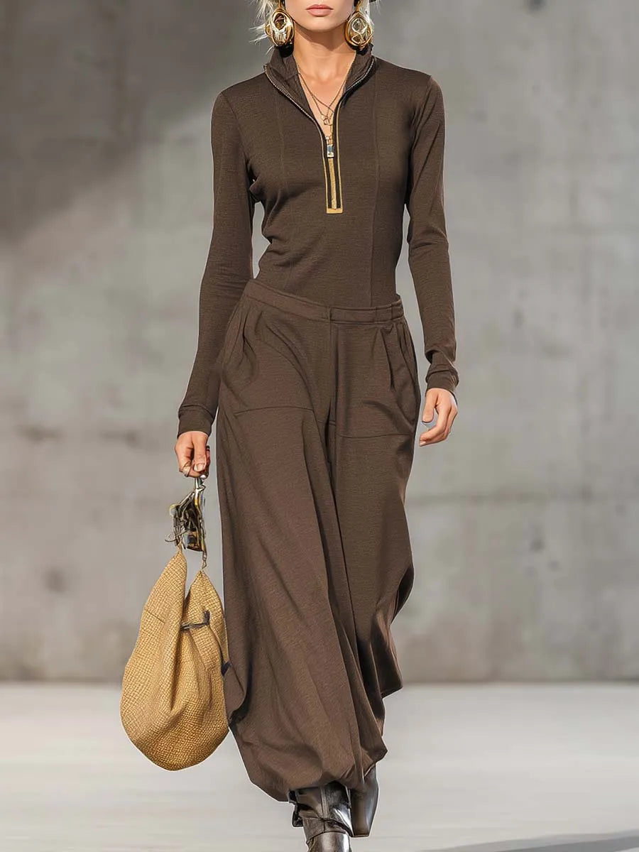 Aurelia™ | Conjunto Deportivo Chic: Top Manga Larga Cuello V y Pantalón Ancho