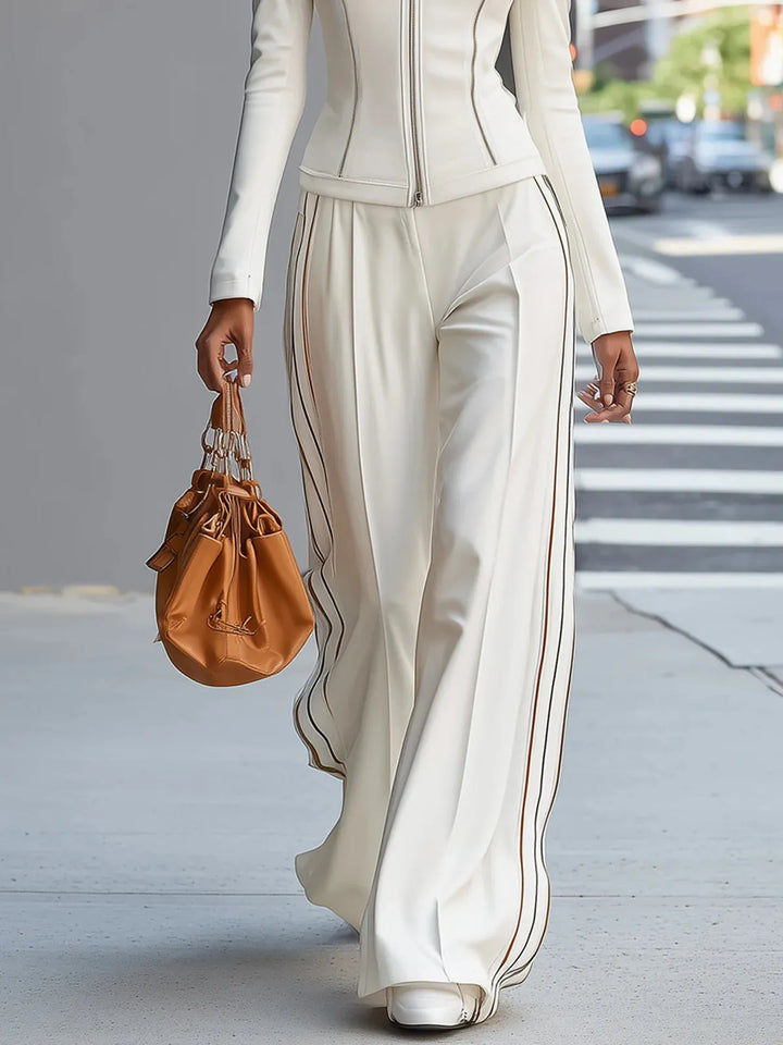 Lucia™ | Conjunto Blanco Amplio: Top Cuello Cremallera y Pantalón Ancho