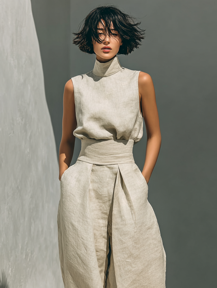 Marina™ | Conjunto Minimalista de Algodón y Lino: Top Cuello Alto y Pantalón Ancho
