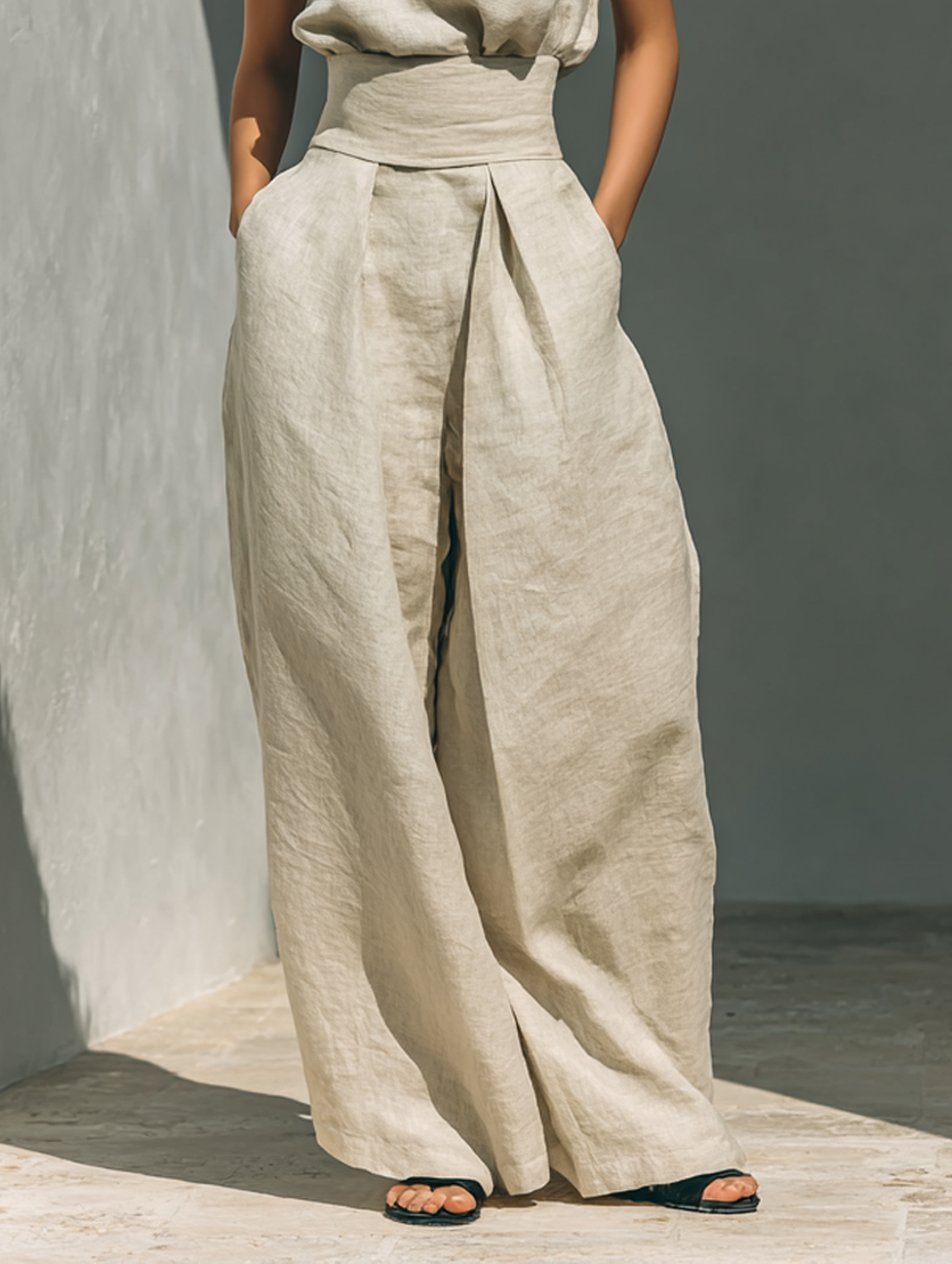 Marina™ | Conjunto Minimalista de Algodón y Lino: Top Cuello Alto y Pantalón Ancho