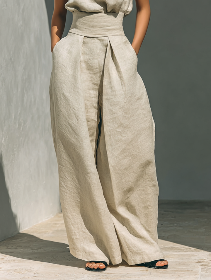 Marina™ | Conjunto Minimalista de Algodón y Lino: Top Cuello Alto y Pantalón Ancho