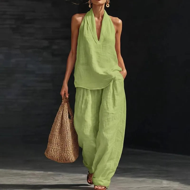 Ainhoa™ | Conjunto Dos Piezas de Lino: Blusa Manga Murciélago y Pantalón Ancho