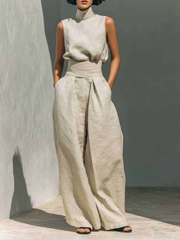 Marina™ | Conjunto Minimalista de Algodón y Lino: Top Cuello Alto y Pantalón Ancho