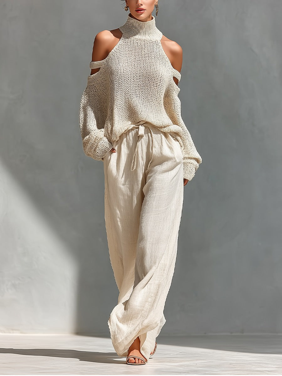 Camilla™ | Conjunto Punto y Lino: Top Hombros Descubiertos y Pantalón Ancho