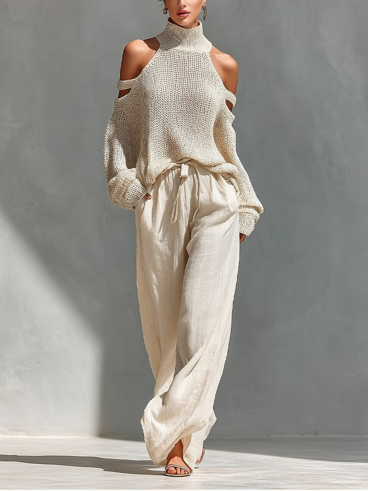 Camilla™ | Conjunto Punto y Lino: Top Hombros Descubiertos y Pantalón Ancho