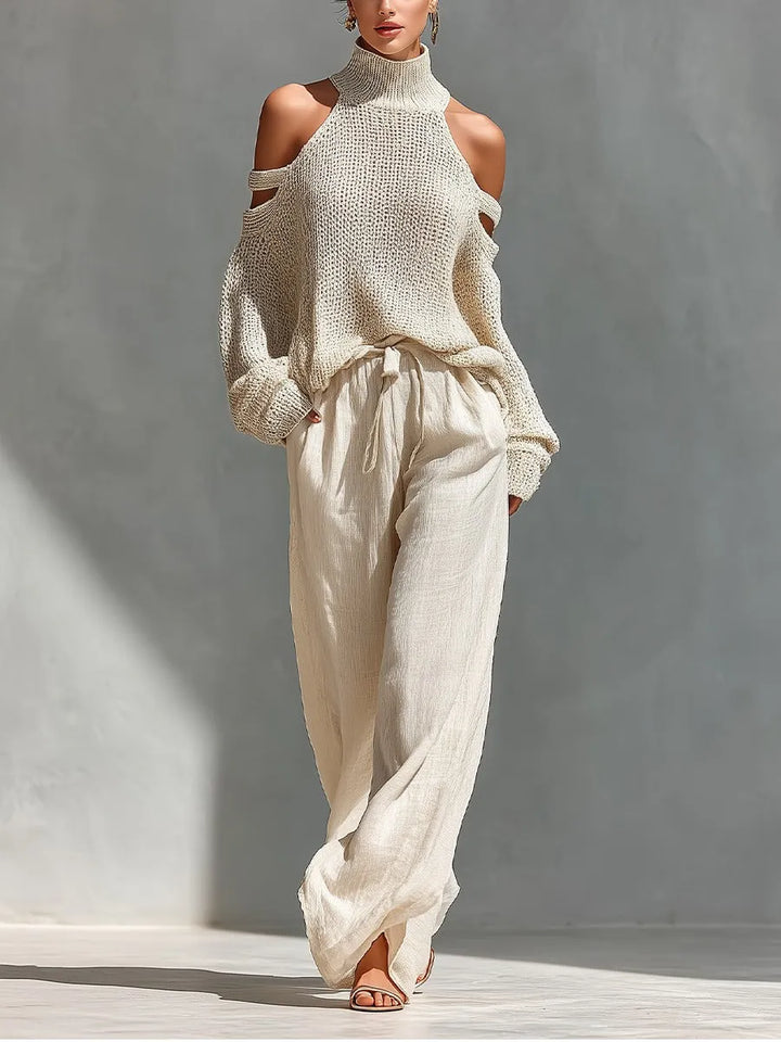 Camilla™ | Conjunto Punto y Lino: Top Hombros Descubiertos y Pantalón Ancho