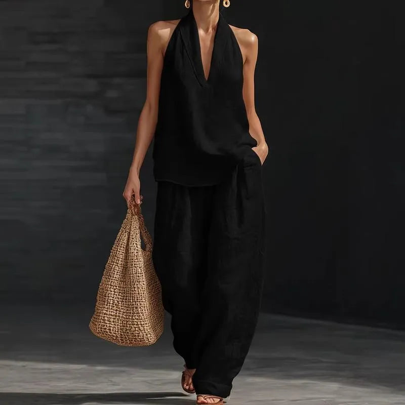 Ainhoa™ | Conjunto Dos Piezas de Lino: Blusa Manga Murciélago y Pantalón Ancho
