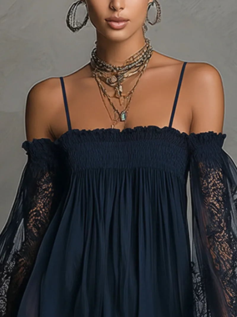 Noemi™ | Vestido Mini Azul Marino: Hombros Descubiertos y Encaje