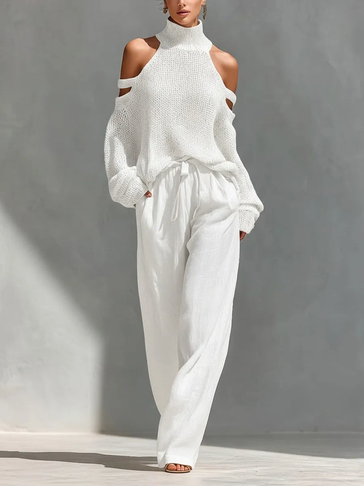 Camilla™ | Conjunto Punto y Lino: Top Hombros Descubiertos y Pantalón Ancho