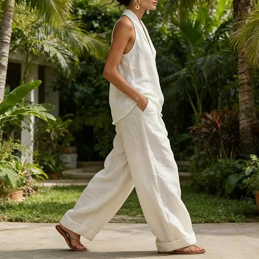Ainhoa™ | Conjunto Dos Piezas de Lino: Blusa Manga Murciélago y Pantalón Ancho