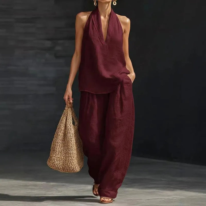 Ainhoa™ | Conjunto Dos Piezas de Lino: Blusa Manga Murciélago y Pantalón Ancho