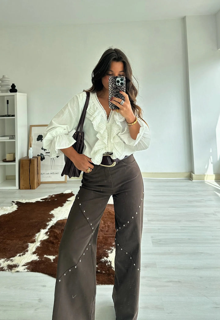 Renata™ | Pantalones anchos con tachuelas marrones