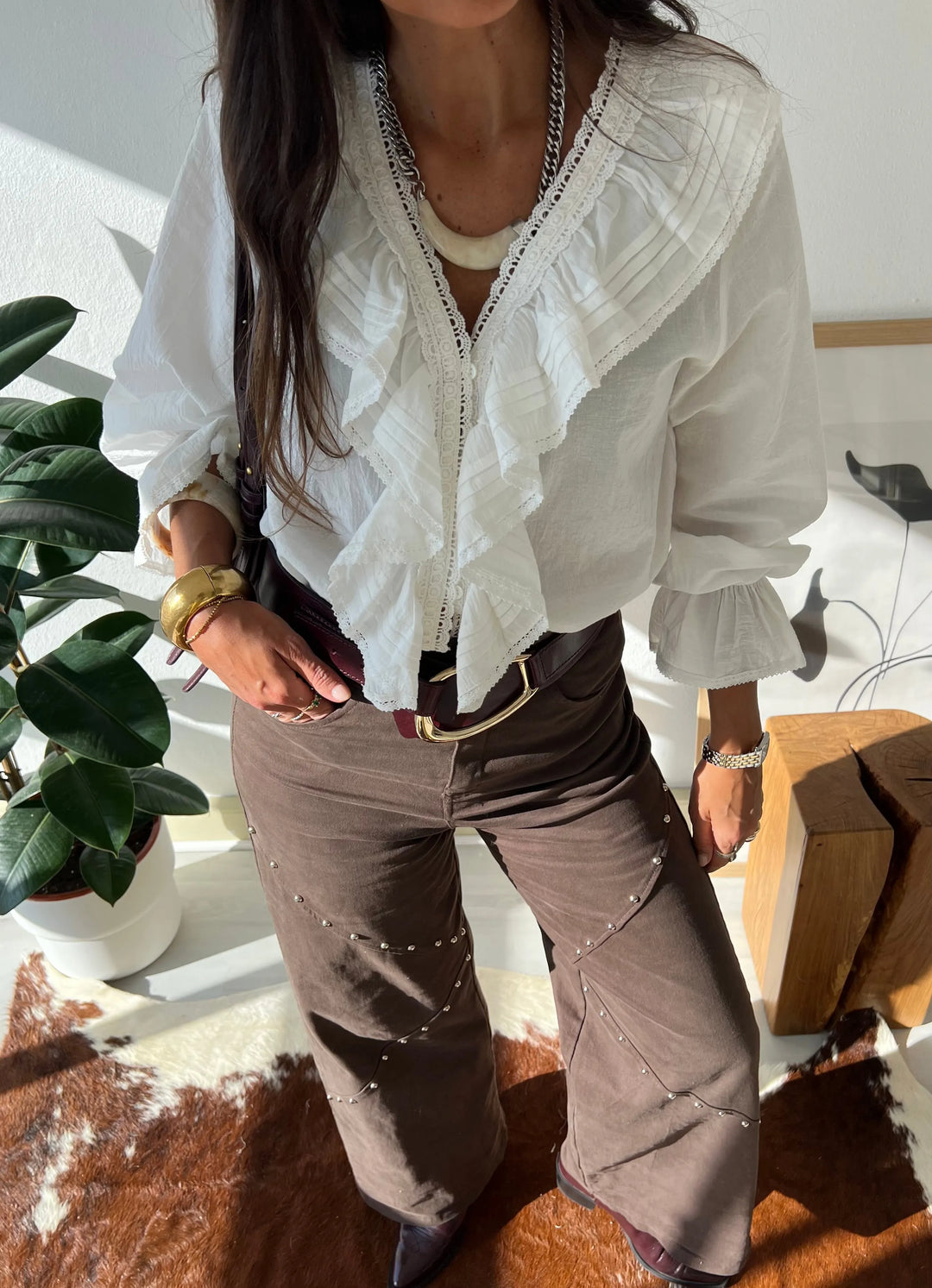 Renata™ | Pantalones anchos con tachuelas marrones