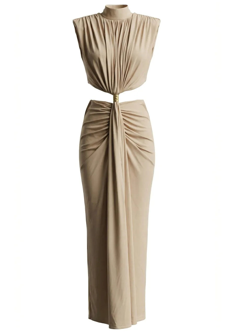 Miri™ | Vestido Maxi Drapeado Champagne