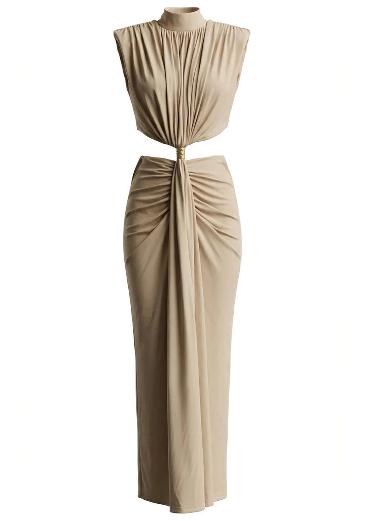 Miri™ | Vestido Maxi Drapeado Champagne