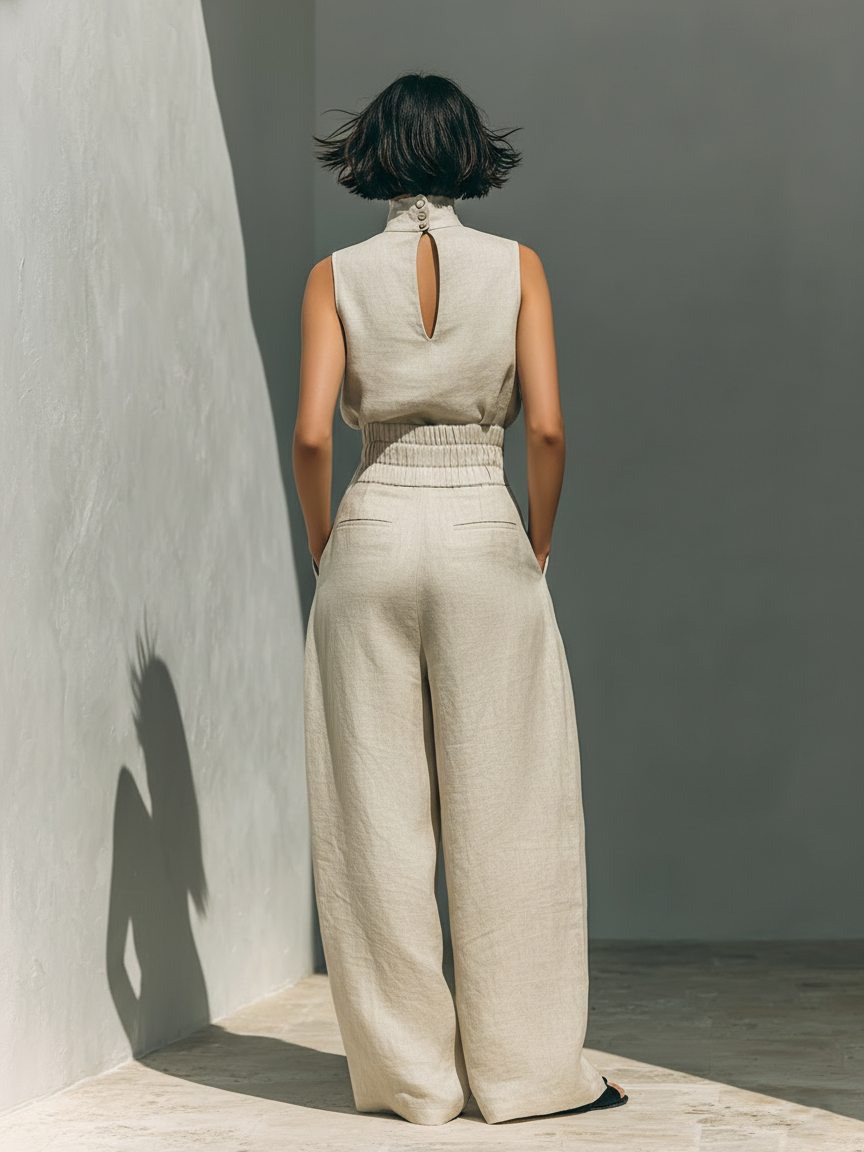 Marina™ | Conjunto Minimalista de Algodón y Lino: Top Cuello Alto y Pantalón Ancho