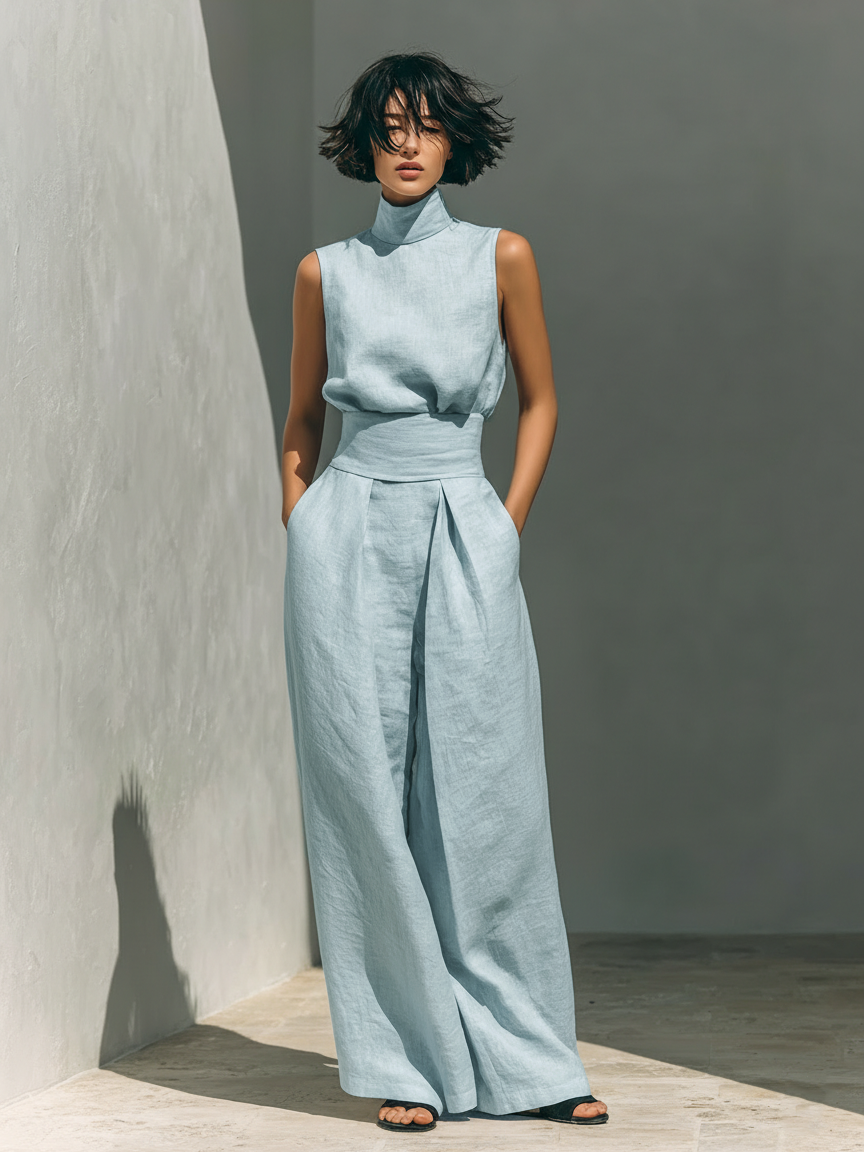 Marina™ | Conjunto Minimalista de Algodón y Lino: Top Cuello Alto y Pantalón Ancho