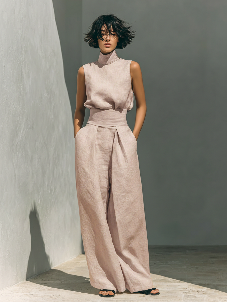 Marina™ | Conjunto Minimalista de Algodón y Lino: Top Cuello Alto y Pantalón Ancho