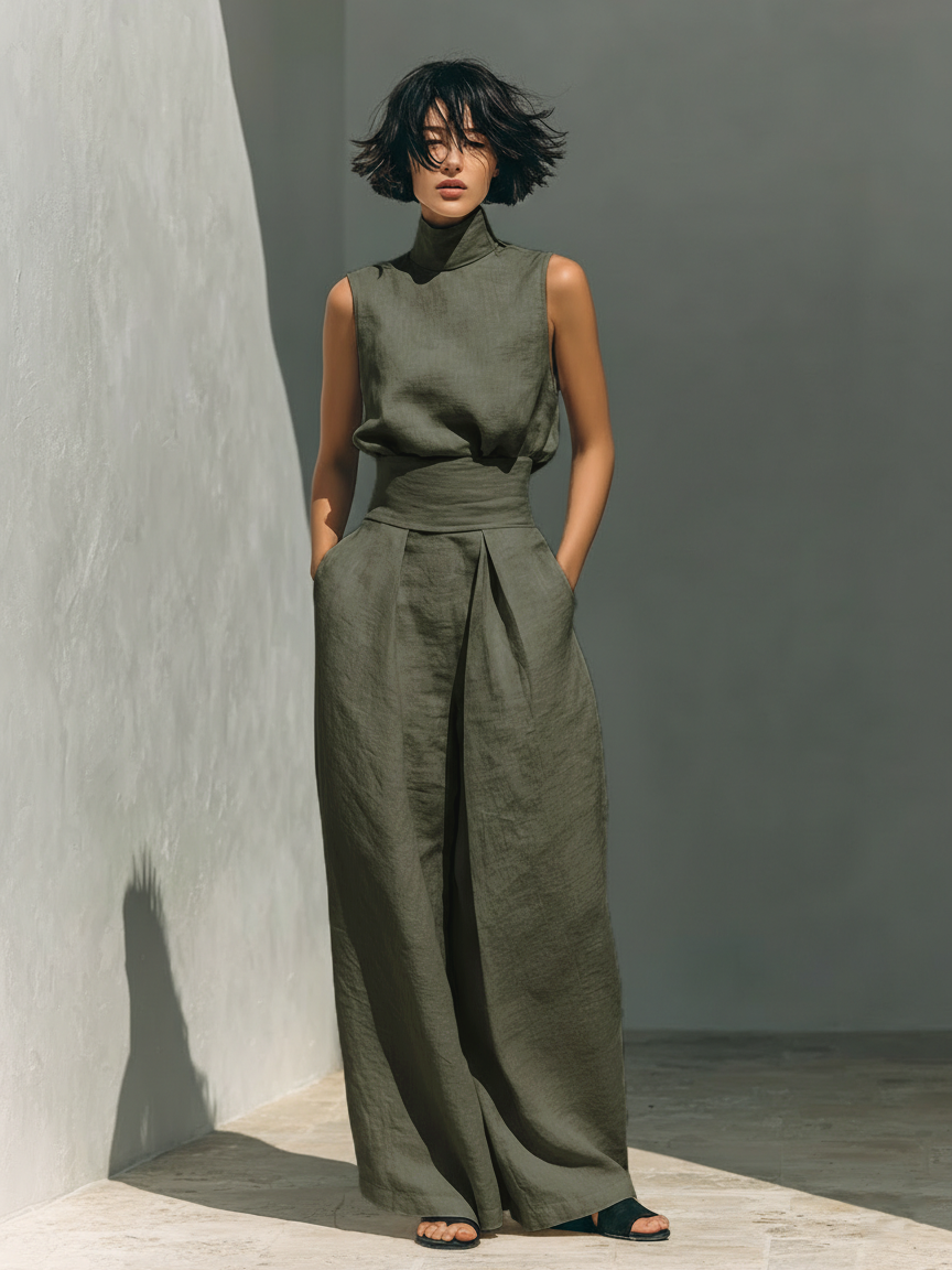 Marina™ | Conjunto Minimalista de Algodón y Lino: Top Cuello Alto y Pantalón Ancho