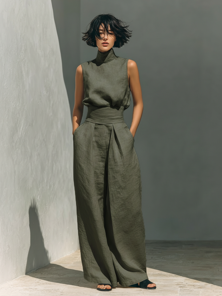 Marina™ | Conjunto Minimalista de Algodón y Lino: Top Cuello Alto y Pantalón Ancho