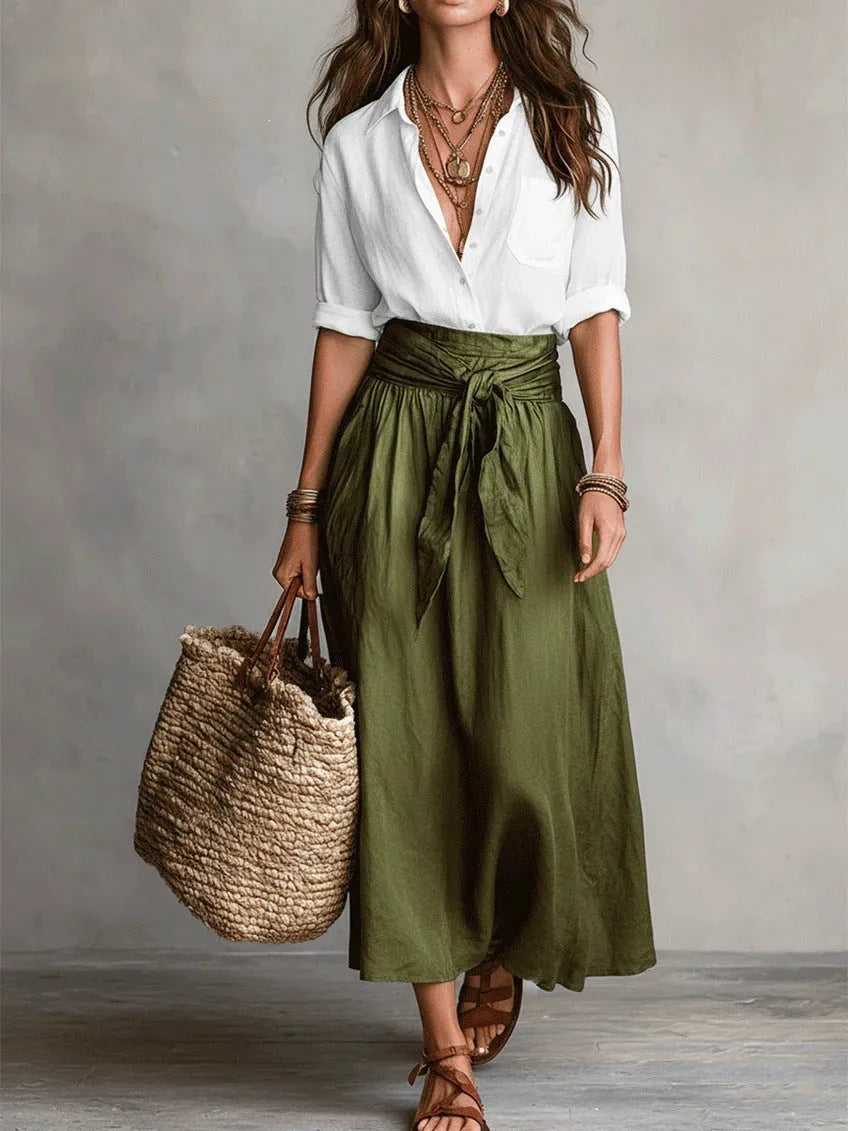 Cristina™ | Conjunto Mediterráneo: Top Negro y Falda Midi Verde Oliva