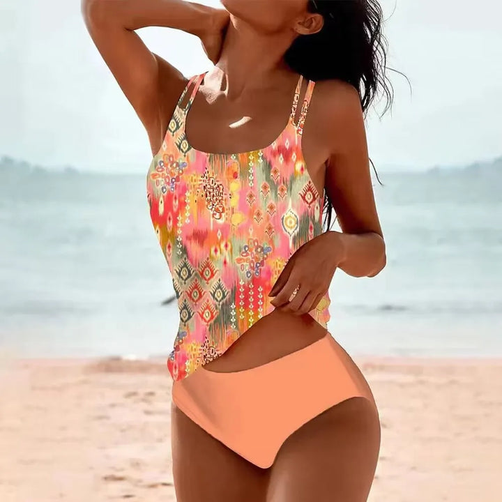 Tankini Donna Elegante Stampa Floreale Orientale - Costume con Top Fluido e Slip a Vita Alta