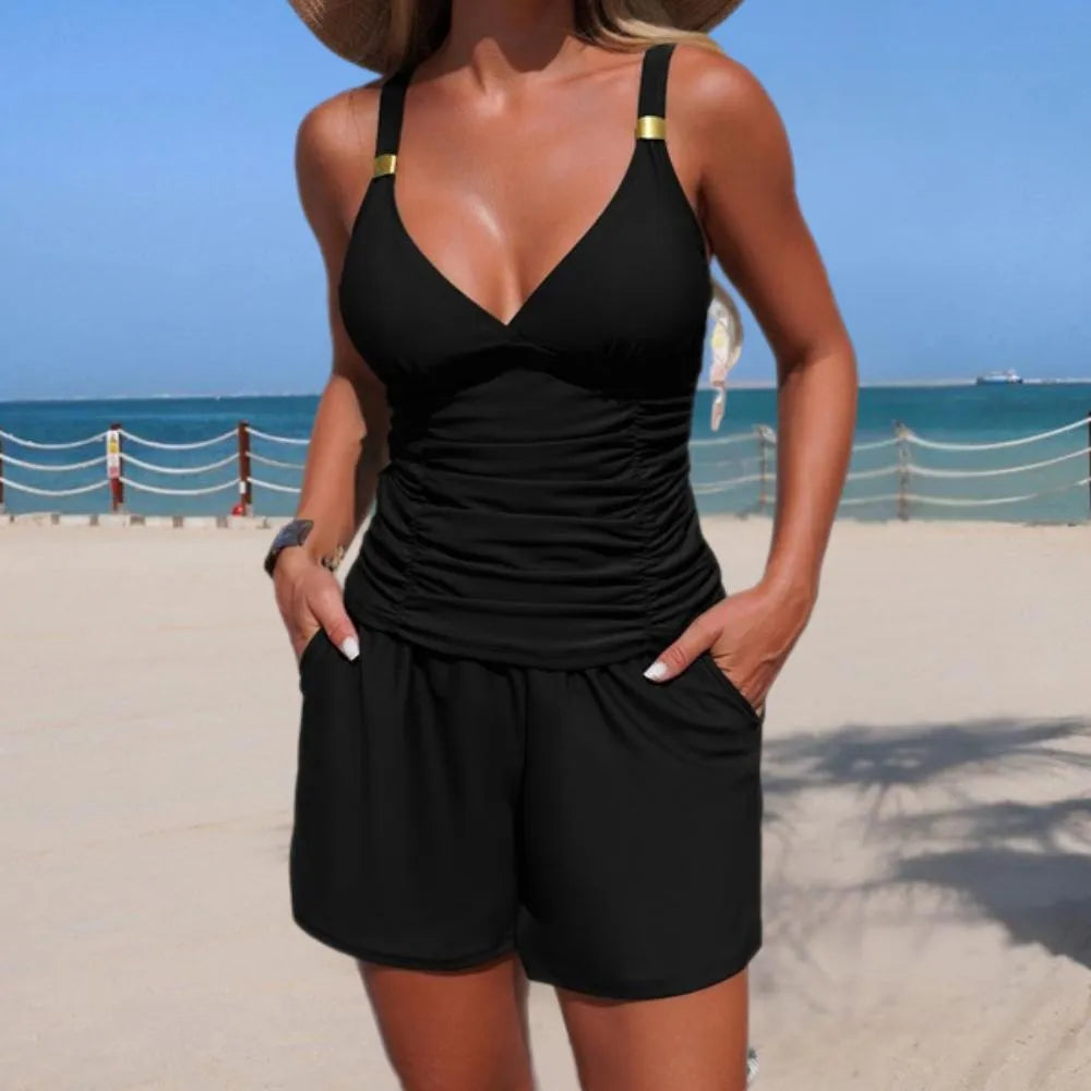 Tankini Donna Top e Shorts - Modellante con Drappeggio Verticale e Scollo V