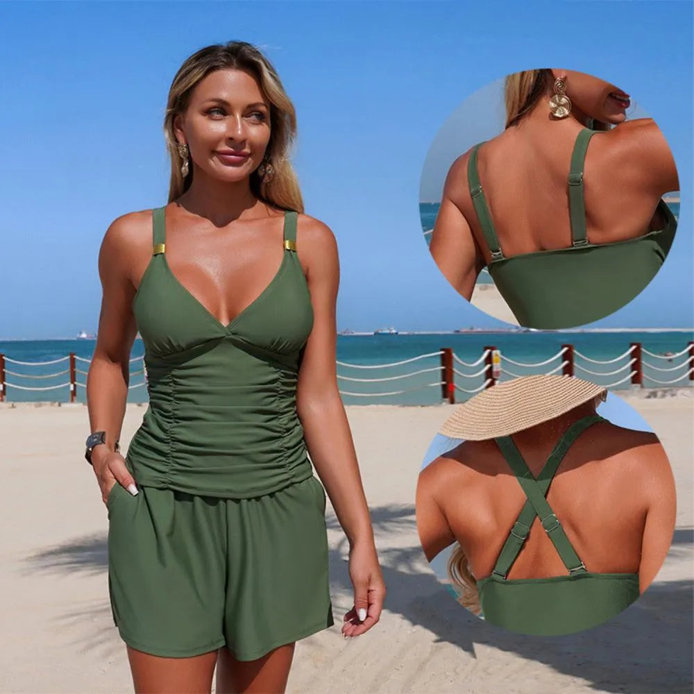 Tankini Donna Top e Shorts - Modellante con Drappeggio Verticale e Scollo V