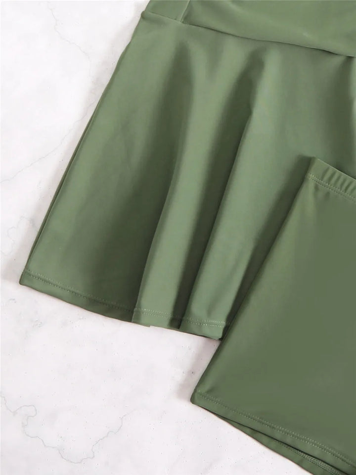 Tankini Due Pezzi Donna con Gonna – Top Arricciato Contenitivo e Shorts