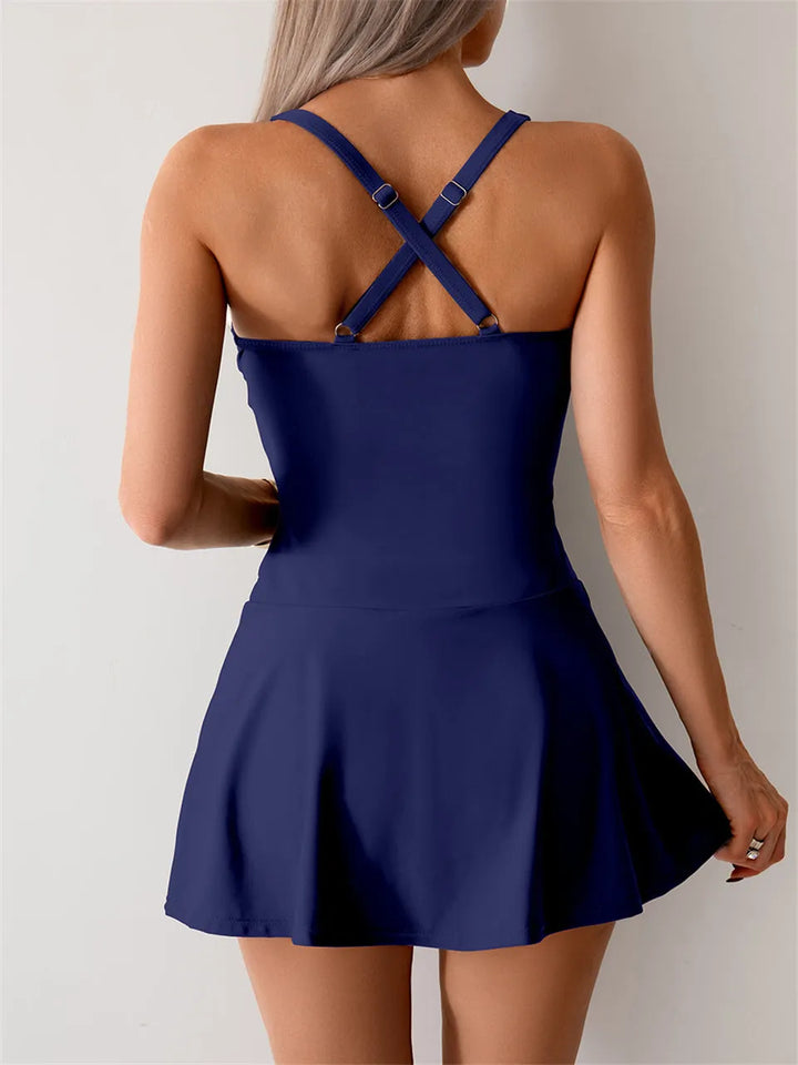 Tankini Due Pezzi Donna con Gonna – Top Arricciato Contenitivo e Shorts