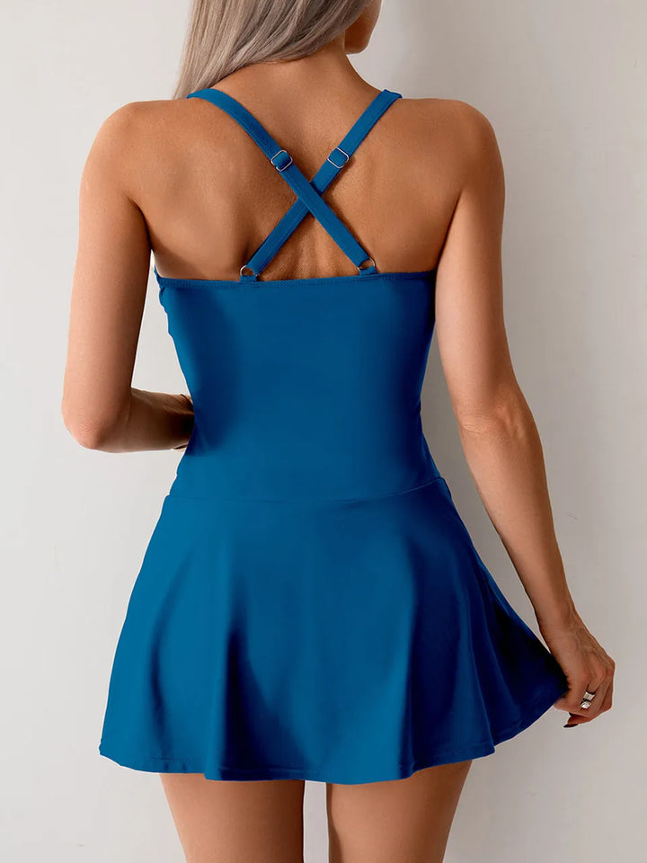 Tankini Due Pezzi Donna con Gonna – Top Arricciato Contenitivo e Shorts