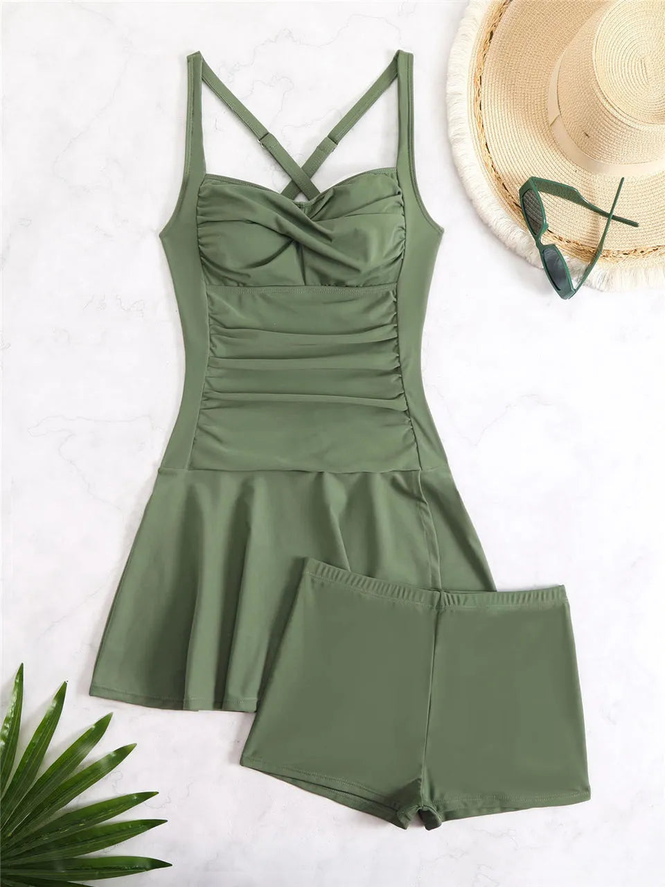 Tankini Due Pezzi Donna con Gonna – Top Arricciato Contenitivo e Shorts