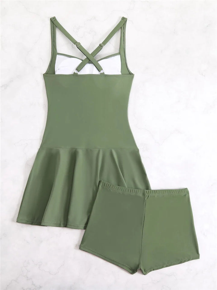 Tankini Due Pezzi Donna con Gonna – Top Arricciato Contenitivo e Shorts