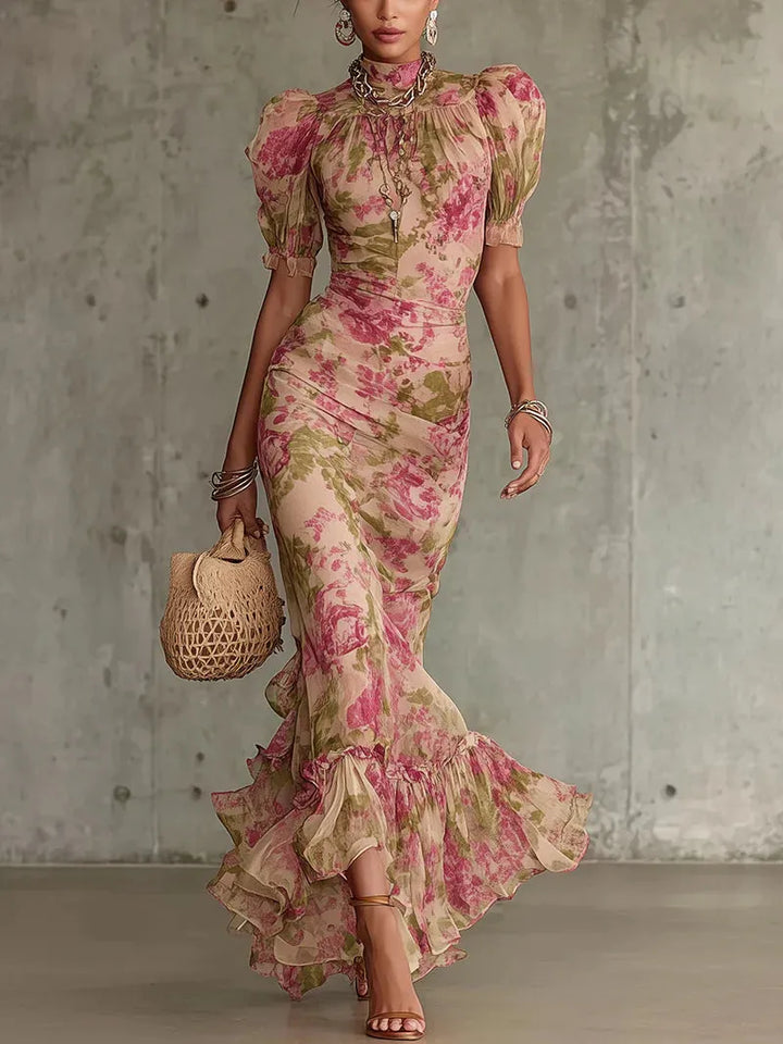 Fiora™ | Vestido Largo Vintage: Estampado de Rosas y Mangas de Globo