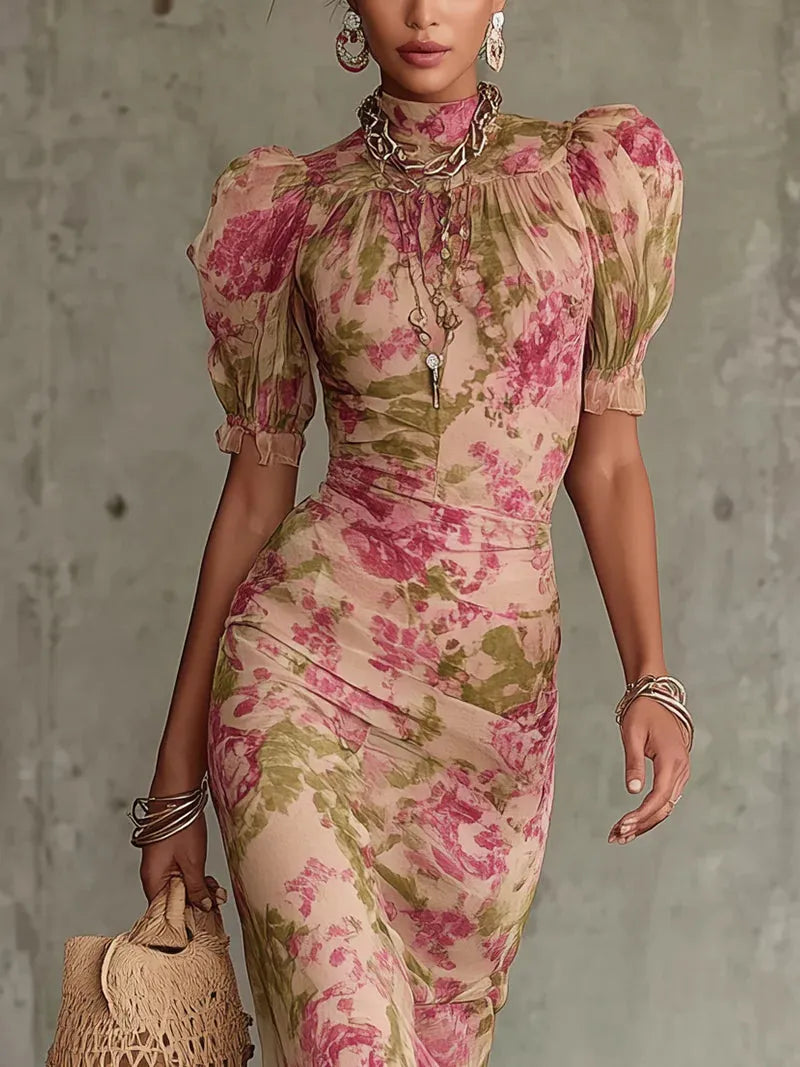 Fiora™ | Vestido Largo Vintage: Estampado de Rosas y Mangas de Globo