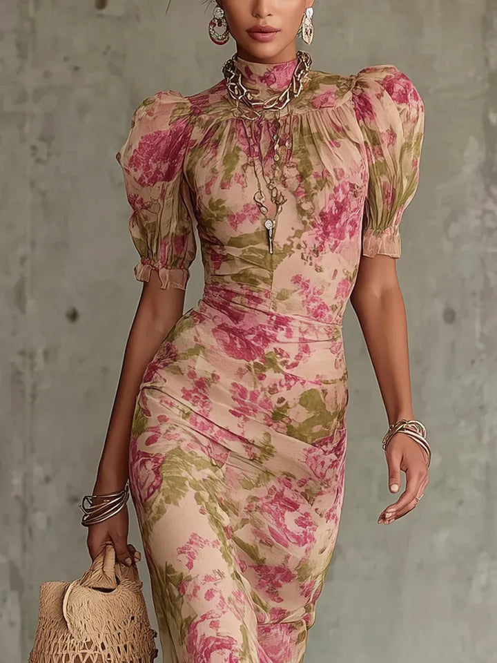 Fiora™ | Vestido Largo Vintage: Estampado de Rosas y Mangas de Globo