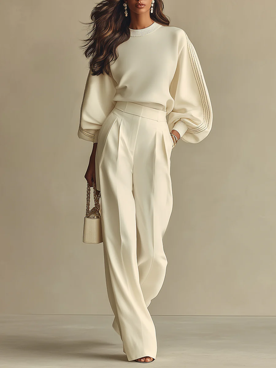 Selena™ | Conjunto Rayas Marfil: Top y Pantalón Ancho