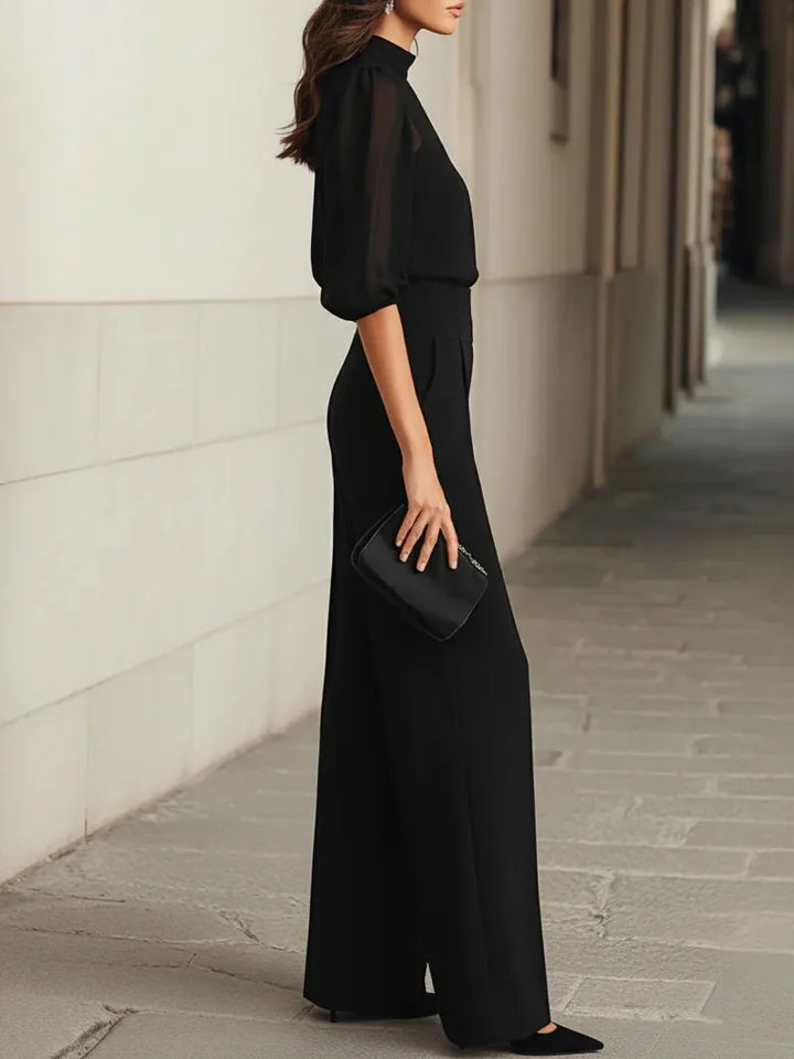 Valentina™ | Conjunto Negro de Tres Piezas: Top Chifón, Camisola y Pantalón Ancho