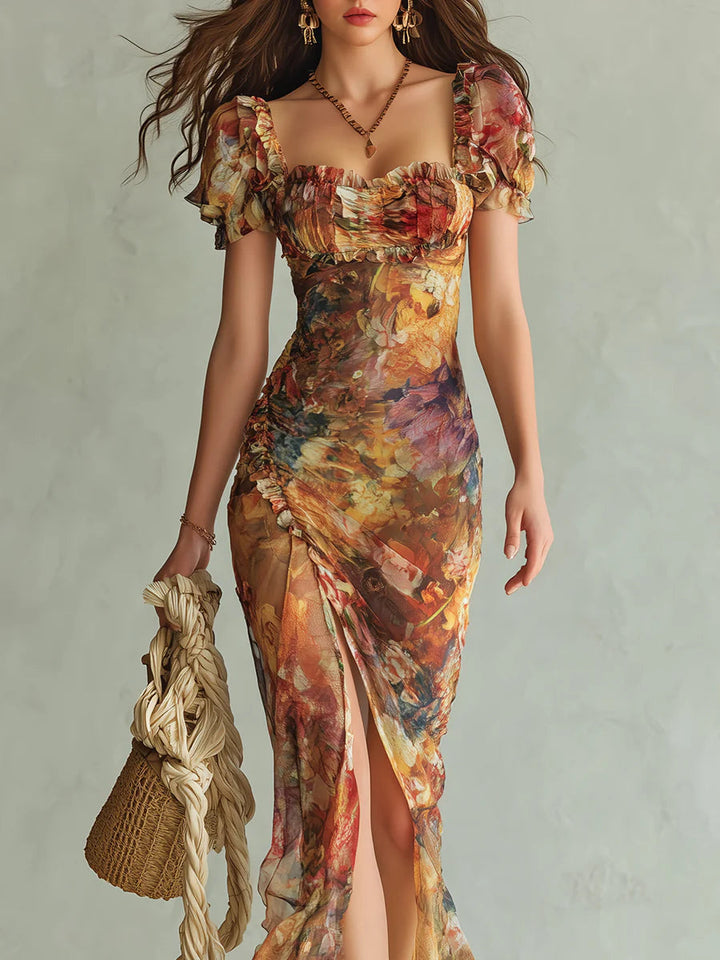 Ambra™ | Vestido Maxi Boho: Estampado Acuarela en Naranja