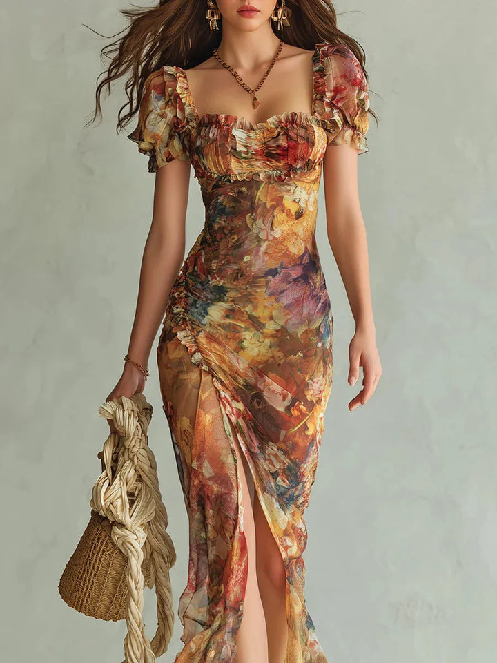 Ambra™ | Vestido Maxi Boho: Estampado Acuarela en Naranja
